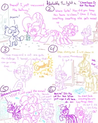 Size: 4779x6013 | Tagged: safe, artist:adorkabletwilightandfriends, derpibooru import, moondancer, pinkie pie, spike, twilight sparkle, twilight sparkle (alicorn), oc, oc:pinenut, alicorn, cat, comic:adorkable twilight and friends, adorkable, adorkable twilight, bottle, broken, cleaning, clothes, clumsy, comic, crash, cute, dork, feather, friendship, funny, fur, glasses, house, humor, image, kindness, meow, messy, mirror, png, question, shocked, shocked expression, slice of life, sneezing, snot, sorry, spill, spilled drink, spit, spray, surprised, sweater, wiping