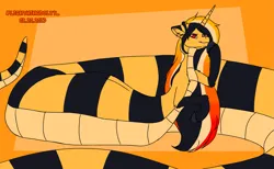 Size: 2825x1738 | Tagged: safe, artist:lightning bolty, derpibooru import, oc, oc:lightning bolty, lamia, original species, snake, abstract background, floppy ears, horn, image, long mane, png, raised hoof, striped body, striped ears, thick, thick coils