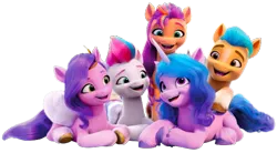 Size: 672x371 | Tagged: safe, hitch trailblazer, izzy moonbow, pipp petals, sunny starscout, zipp storm, my little pony: make your mark, g5, image, mane 5 (g5), png, simple background, transparent background