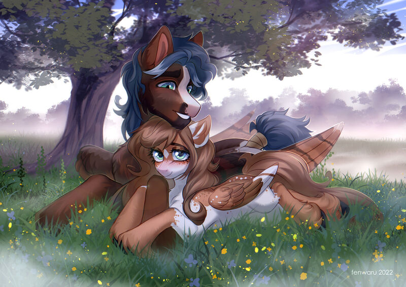 Size: 1600x1132 | Tagged: safe, artist:fenwaru, derpibooru import, oc, oc:ondrea, unofficial characters only, pegasus, pony, commission, female, flower, grass, image, jpeg, male, mare, pegasus oc, stallion, tree, unshorn fetlocks, wings, ych result