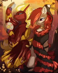 Size: 2761x3436 | Tagged: safe, artist:beardie, derpibooru import, oc, oc:rosa, oc:shi he, unofficial characters only, dracony, dragon, hybrid, longma, them's fightin' herds, community related, dancing, image, png