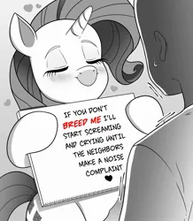 Size: 1746x2000 | Tagged: safe, artist:greenybeanz, derpibooru import, rarity, oc, oc:anon, human, pony, unicorn, bipedal, black and white, blushing, eyes closed, female, grayscale, hoof hold, image, jpeg, male, mare, monochrome, partial color, sign, subtle as a train wreck, text