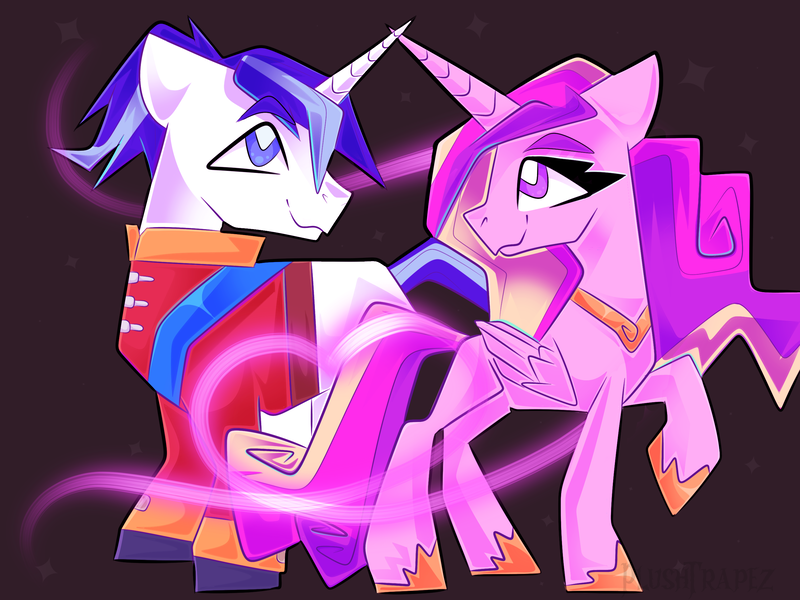 Size: 2732x2048 | Tagged: safe, artist:plushtrapez, derpibooru import, princess cadance, shining armor, alicorn, pony, unicorn, duo, female, image, male, missing cutie mark, png, raised hoof, shiningcadance, shipping, straight, white pupils