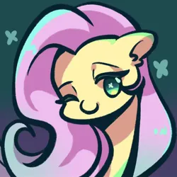 Size: 1080x1080 | Tagged: safe, artist:tkotu1, derpibooru import, fluttershy, pegasus, pony, bust, female, gradient background, image, jpeg, looking at you, mare, no pupils, one eye closed, smiling, smiling at you, solo, wingding eyes