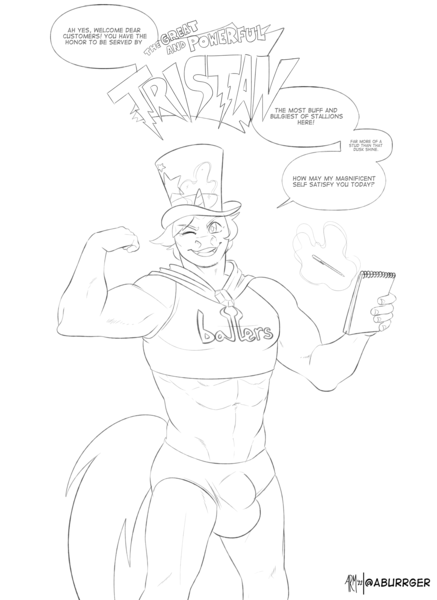 Size: 3275x4500 | Tagged: suggestive, artist:amaraburrger, derpibooru import, trixie, anthro, pony, unicorn, comic:my big ballers, abs, biceps, clothes, cocky, crotch bulge, flexing, grand and muscular trixie, hat, himbo, himboification, image, male, muscles, muscular male, pecs, png, rule 63, simple background, solo, solo male, speech bubble, stallion, tight clothing, top hat, tristan, waiter
