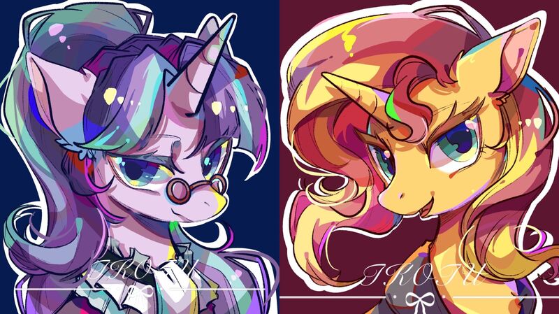 Size: 2048x1150 | Tagged: safe, artist:tkotu1, derpibooru import, snowfall frost, starlight glimmer, sunset shimmer, pony, unicorn, bust, duo, female, glasses, image, jpeg, lidded eyes, looking at you, mare, signature, smiling, smiling at you