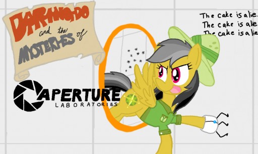 Size: 512x307 | Tagged: safe, derpibooru import, daring do, pony, aperture science, female, image, jpeg, mare, portal (valve), text, video game