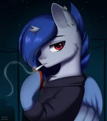 Size: 1600x1814 | Tagged: safe, artist:alunedoodle, derpibooru import, oc, oc:lennox, unofficial characters only, alicorn, pony, blue hair, bust, cigarette, clothes, commission, ear piercing, hoodie, image, male, night, piercing, png, portrait, smoke, smoking, solo, stallion, ych result