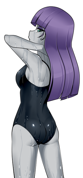 Size: 961x2048 | Tagged: safe, alternate version, artist:batipin, artist:nekojackun, derpibooru import, part of a set, maud pie, human, equestria girls, ass, boulder buns, breasts, butt, clothes, eyeshadow, image, looking back, makeup, one-piece swimsuit, png, rear view, reasonably sized breasts, redraw, sideboob, simple background, solo, swimsuit, trace, wet, white background