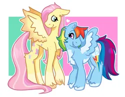 Size: 1280x998 | Tagged: safe, artist:sonorousinclemency, derpibooru import, fluttershy, rainbow dash, pegasus, pony, female, flutterdash, freckles, freckleshy, heart, height difference, image, lesbian, looking at each other, looking at someone, png, shipping, smiling, smiling at each other, spread wings, tallershy, unshorn fetlocks, wings