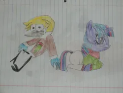 Size: 900x675 | Tagged: safe, artist:swordsparks, derpibooru import, twilight sparkle, bird, blue jay, pony, unicorn, blondecai, clothes, colored pencil drawing, crossover, crossover shipping, female, image, jpeg, lying down, male, mordecai, mordetwi, photo, prone, regular show, rough sketch, shipping, sitting, straight, sweater, traditional art