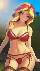 Size: 864x1536 | Tagged: suggestive, derpibooru import, editor:sammykun, machine learning generated, novelai, stable diffusion, sunset shimmer, human, bare shoulders, belly button, big breasts, blurry background, bra, breasts, busty sunset shimmer, clothes, female, humanized, image, legwear, lingerie, looking at you, midriff, panties, pantyhose, png, reasonably sized breasts, red bra, red panties, red underwear, sexy, sleeveless, solo, solo female, thighs, underwear