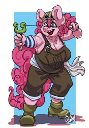 Size: 1434x2048 | Tagged: safe, artist:peachykireen, derpibooru import, pinkie pie, anthro, earth pony, anime, breasts, chubby, cleavage, clothes, cosplay, costume, crossover, female, goggles, image, jpeg, one piece, open mouth, overalls, slingshot, solo, usopp