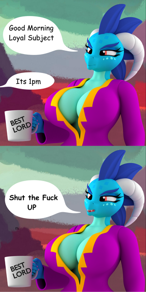 Size: 1000x2000 | Tagged: suggestive, artist:argos90, derpibooru import, princess ember, anthro, dragon, 2 panel comic, 3d, absolute cleavage, big breasts, breasts, busty princess ember, cleavage, comic, dragoness, female, huge breasts, image, lizard breasts, mug, oversleeping, png, solo, solo female, speech bubble, vulgar