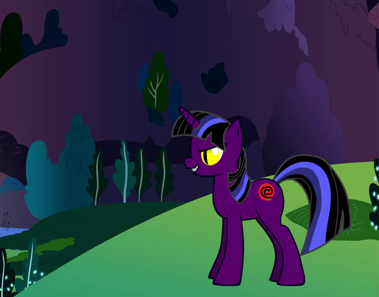 Size: 830x650 | Tagged: safe, alternate version, artist:swordsparks, derpibooru import, twilight sparkle, pony, unicorn, pony creator, alternate character, dark, grass, grass field, image, night, night sky, png, recolor, sky, slit pupils, solo, tree