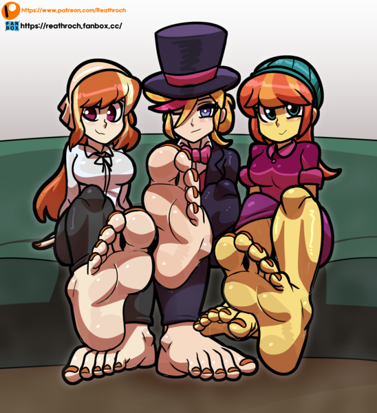 Size: 1602x1753 | Tagged: suggestive, artist:reathroch, derpibooru import, orange sunrise, oc, oc:mandarine mélange, human, equestria girls, couch, crossover, feet, fetish, foot fetish, image, muse dash, png, rin (muse dash), soles, sweat, sweaty feet, toes