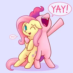Size: 864x864 | Tagged: safe, artist:castawayke, derpibooru import, fluttershy, pinkie pie, earth pony, pegasus, pony, bipedal, cute, diapinkes, duo, female, floppy ears, hoof around neck, image, jpeg, mare, no pupils, one eye closed, open mouth, open smile, shyabetes, smiling, speech bubble, volumetric mouth, yay