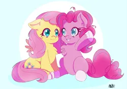 Size: 4093x2894 | Tagged: safe, artist:multi02, derpibooru import, fluttershy, pinkie pie, earth pony, pegasus, pony, blue background, chest fluff, colored pupils, cute, diapinkes, duo, duo female, female, high res, image, looking at each other, looking at someone, mare, png, shyabetes, simple background, sitting, smiling, smiling at each other