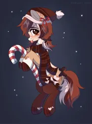 Size: 1509x2023 | Tagged: safe, artist:belkaart0w0, derpibooru import, oc, unofficial characters only, earth pony, pony, :p, blushing, bow, candy, candy cane, clothes, female, food, hat, heart, image, jpeg, mare, scarf, socks, solo, tail, tail bow, tongue out