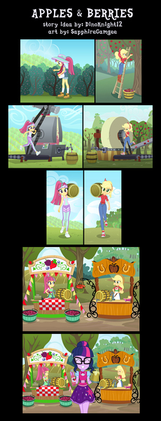 Size: 2298x6000 | Tagged: safe, artist:sapphiregamgee, derpibooru import, applejack, sci-twi, sour sweet, twilight sparkle, human, equestria girls, equestria girls series, five to nine, apple, berry, comic, commission, exeron outfit, eyes closed, food, grin, image, jpeg, smiling, sweet apple acres, thumbs up