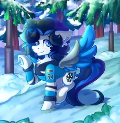 Size: 2219x2274 | Tagged: safe, artist:yuris, derpibooru import, oc, pegasus, pony, bush, clothes, colored pupils, floppy ears, fluffy mane, frog (hoof), hockey, image, jacket, looking at you, male, park, pine tree, png, pole, smiling, snow, solo, sports, spread wings, trade, tree, underhoof, waving, waving at you, wings, winter