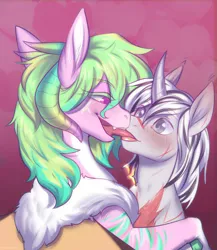 Size: 3259x3753 | Tagged: safe, artist:helemaranth, derpibooru import, oc, oc:season's greetings, oc:yiazmat, chest fluff, couple, french kiss, horn, horns, image, kissing, long tongue, paws, png, scar, shipping, throat bulge, tongue out