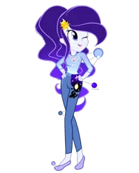 Size: 2240x2792 | Tagged: safe, artist:harmonyvitality-yt, derpibooru import, oc, unofficial characters only, equestria girls, base used, clothes, cutie mark, cutie mark on clothes, female, flower, flower in hair, hand on hip, image, one eye closed, pants, png, simple background, smiling, solo, transparent background, wink