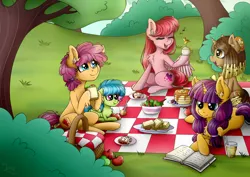 Size: 1790x1270 | Tagged: safe, artist:toxiccolour, derpibooru import, oc, unofficial characters only, pegasus, pony, unicorn, book, eating, eyes closed, female, group, horn, image, jpeg, mare, outdoors, picnic blanket, reading, smiling, unicorn oc