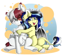 Size: 1100x980 | Tagged: safe, artist:toxiccolour, derpibooru import, oc, unofficial characters only, bat pony, pegasus, pony, bat pony oc, bat wings, ear fluff, female, hug, image, leonine tail, male, mare, one eye closed, pegasus oc, png, simple background, smiling, stallion, tail, transparent background, unshorn fetlocks, wings, wink