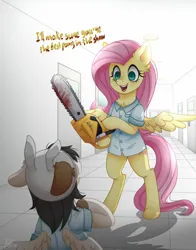Size: 1020x1300 | Tagged: safe, artist:toxiccolour, derpibooru import, fluttershy, oc, pegasus, pony, bipedal, blood, chainsaw, clothes, duo, eyelashes, female, hat, hoof hold, image, indoors, jpeg, mare, pegasus oc, scared, smiling, spread wings, talking, wings