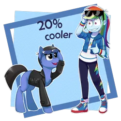 Size: 1120x1120 | Tagged: safe, artist:toxiccolour, derpibooru import, rainbow dash, oc, pony, equestria girls, abstract background, clothes, duo, female, image, male, pants, png, raised hoof, shoes, simple background, stallion, sunglasses, transparent background