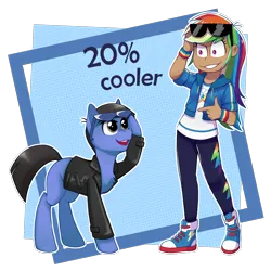 Size: 1120x1120 | Tagged: safe, alternate version, artist:toxiccolour, derpibooru import, rainbow dash, oc, human, pony, equestria girls, abstract background, clothes, duo, female, humanized, image, male, pants, png, raised hoof, shoes, simple background, stallion, sunglasses, transparent background