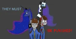 Size: 1617x828 | Tagged: grimdark, artist:nismorose, derpibooru import, nightmare moon, princess luna, oc, oc:littlepip, alicorn, pony, unicorn, fallout equestria, blood, blood on face, blood splatter, blood stains, bloodshot eyes, blue eyes, chest fluff, clothes, crazy eyes, crazy face, crown, dirty, ear fluff, ethereal mane, evil grin, eye lashes, eyes closed, faic, female, gray background, grin, helmet, horn, image, jacket, jewelry, jpeg, looking at you, mare, regalia, sad, sharp teeth, simple background, slit pupils, smiling, starry mane, teeth, text, wings