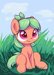 Size: 745x1025 | Tagged: safe, artist:sileniris, oc:cherry burst, earth pony, pony, female, filly, grass, image, png, sitting, solo