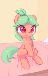 Size: 505x797 | Tagged: safe, artist:sileniris, oc:cherry burst, earth pony, pony, bed, female, filly, image, png, sitting