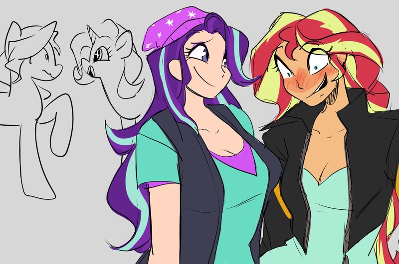 Size: 1885x1250 | Tagged: safe, artist:ecstasydemon, derpibooru import, starlight glimmer, sunset shimmer, human, pony, unicorn, duo, female, humanized, image, jpeg, lesbian, shimmerglimmer, shipping