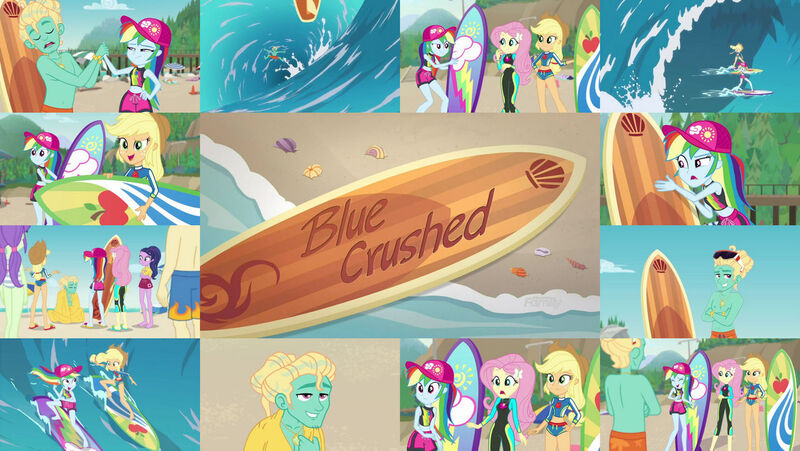 Size: 1280x721 | Tagged: safe, derpibooru import, editor:quoterific, applejack, fluttershy, rainbow dash, blue crushed, equestria girls, equestria girls series, image, jpeg, surfing, towel