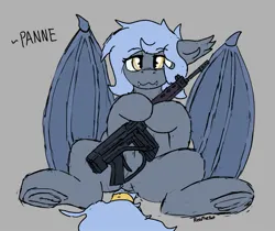 Size: 1625x1365 | Tagged: safe, artist:reddthebat, oc, oc:panne, unofficial characters only, bat pony, pony, birthday gift, ear fluff, featureless crotch, female, gray background, gun, image, jpeg, looking at you, mare, rifle, signature, simple background, spread legs, spreading, tail wrap, underhoof, weapon