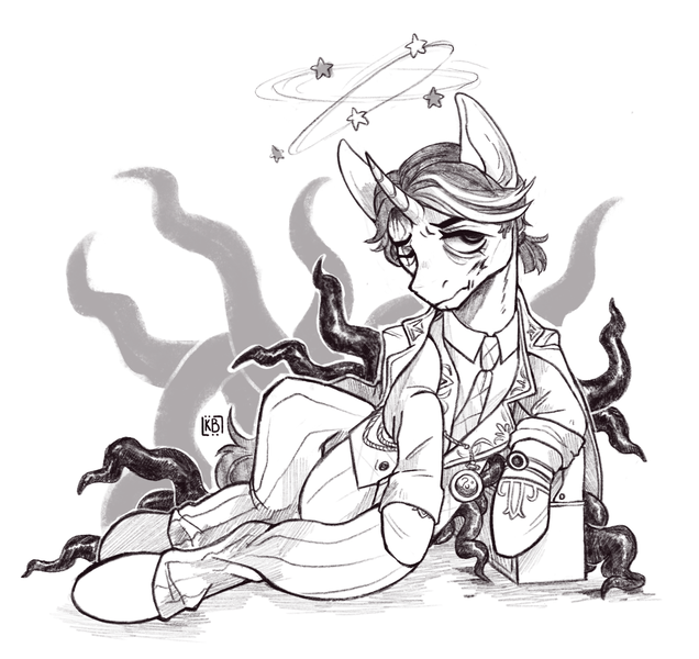 Size: 2084x1966 | Tagged: safe, artist:karamboll, derpibooru import, pony, unicorn, aesop carl, black and white, blood, clothes, crossover, full body, grayscale, identity v, image, injured, lying down, male, monochrome, necktie, png, sketch, solo, suit, tentacles