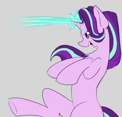 Size: 1310x1250 | Tagged: safe, artist:ecstasydemon, derpibooru import, starlight glimmer, pony, unicorn, female, glow, glowing horn, gray background, horn, image, jpeg, magic, simple background, solo