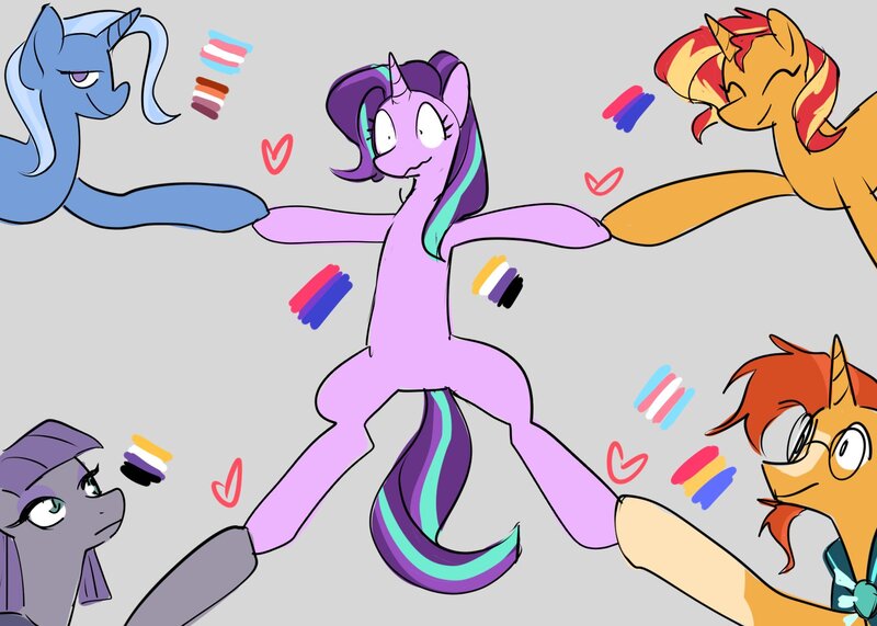 Size: 1750x1250 | Tagged: safe, artist:ecstasydemon, derpibooru import, maud pie, starlight glimmer, sunburst, sunset shimmer, trixie, earth pony, pony, unicorn, asexual, asexual pride flag, bisexual, bisexual pride flag, female, female to male, gray background, heart, image, jpeg, lesbian, lesbian pride flag, male, male to female, pansexual, pansexual pride flag, polyamory, pride, pride flag, rule 63, shimmerglimmer, shipping, simple background, starburst, starmaud, startrix, straight, trans female, trans male, transgender, transgender pride flag