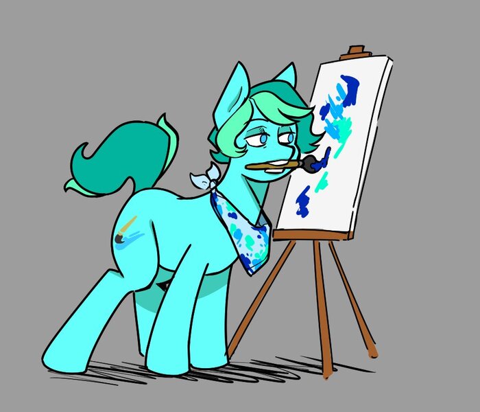 Size: 898x770 | Tagged: safe, artist:balileart, derpibooru import, oc, oc:blue stroke, unofficial characters only, earth pony, canvas, image, jpeg, lidded eyes, mouth hold, paintbrush, painting, solo