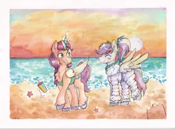 Size: 6712x4960 | Tagged: safe, artist:lightisanasshole, derpibooru import, sunny starscout, oc, alicorn, pegasus, pony, beach, blushing, cheek fluff, clothes, colored hooves, ear fluff, g5, image, jumpsuit, looking back, ocean, pegasus oc, png, sand, sandcastle, scarf, smoothie, stars, sunset, swimsuit, traditional art, water, watercolor painting, wings, winter outfit