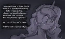 Size: 1164x704 | Tagged: safe, anonymous artist, derpibooru import, izzy moonbow, pony, series:anorexic sunny, anorexia, crying, dialogue, female, g5, image, implied sunny starscout, looking at someone, looking down, mare, monochrome, offscreen character, png, sketch, solo, speech bubble, talking