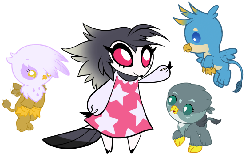 Size: 1810x1144 | Tagged: safe, artist:ponygamer2020, derpibooru import, gabby, gallus, gilda, anthro, avian, bird, demon, gryphon, avian demon, baby, baby griffon, bird demon, chick, chickub, clothes, crossover, cub, cute, daaaaaaaaaaaw, dress, female, flying, gabbybetes, gallabetes, gildadorable, griffon trio, helluva boss, image, male, octavia (helluva boss), png, simple background, smiling, tail, transparent background, vector, weapons-grade cute, wings, younger
