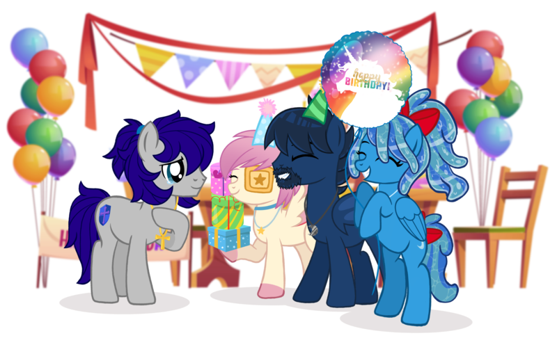 Size: 2000x1214 | Tagged: safe, artist:jennieoo, derpibooru import, oc, oc:atin nyamic, oc:gentle star, oc:maverick, oc:ocean soul, bat pony, earth pony, pegasus, pony, balloon, birthday, birthday gift, birthday party, gift art, happy, hat, image, laughing, party, party hat, png, present, presenting, show accurate, simple background, sketch, smiling, teary eyes, transparent background