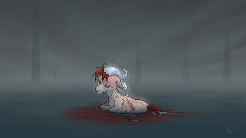 Size: 1920x1080 | Tagged: semi-grimdark, artist:klarapl, derpibooru import, oc, oc:jordan, unofficial characters only, pegasus, pony, blood, floppy ears, fog, image, jpeg, lying down, male, pegasus oc, solo, stallion, tree, water, wings