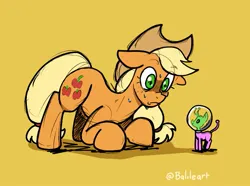 Size: 689x512 | Tagged: safe, artist:balileart, derpibooru import, applejack, alien, earth pony, pony, frown, image, jpeg, nervous sweat, size difference