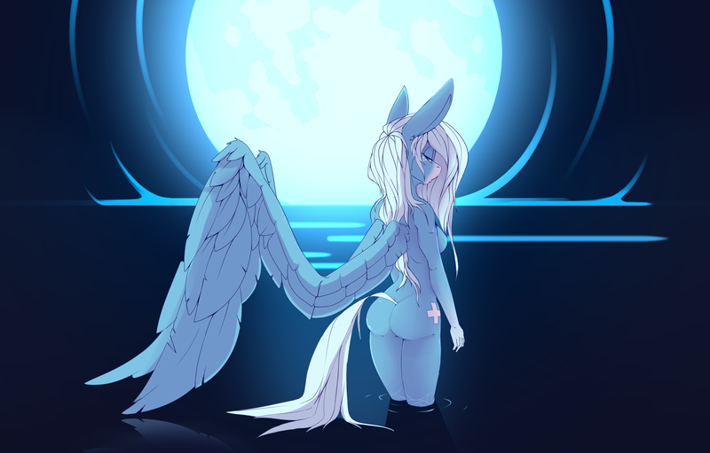 Size: 3600x2300 | Tagged: suggestive, artist:chapaevv, derpibooru import, oc, oc:icy heart, unofficial characters only, anthro, female, image, large wings, looking at you, looking back, moon, night, patreon, patreon reward, png, solo, solo female, wet, wet hair, wet mane, wings
