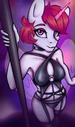 Size: 1134x1920 | Tagged: suggestive, artist:tanatos, derpibooru import, alicorn, anthro, clothes, commission, image, png, sexy, sketch, solo, stripper, stripper pole, underwear, your character here